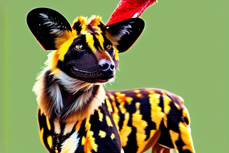 Image similar to A photo of the world's greatest showman: the african painted dog dressed in a hat!