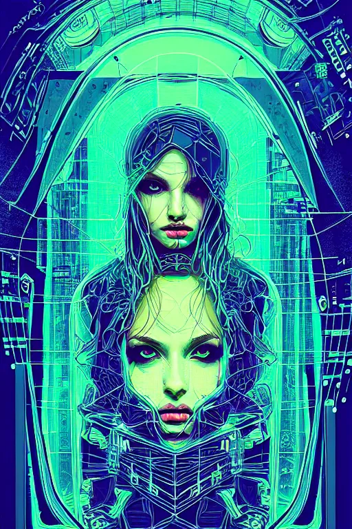Prompt: dreamy cyberpunk girl, abstract mirrors, digital nodes, beautiful woman, detailed acrylic, grunge, intricate complexity, by dan mumford and by alexandros pyromallis intaglio