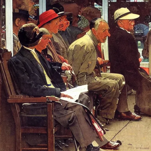 Prompt: A seated man waiting to be bought in a store. Painting by Norman Rockwell.
