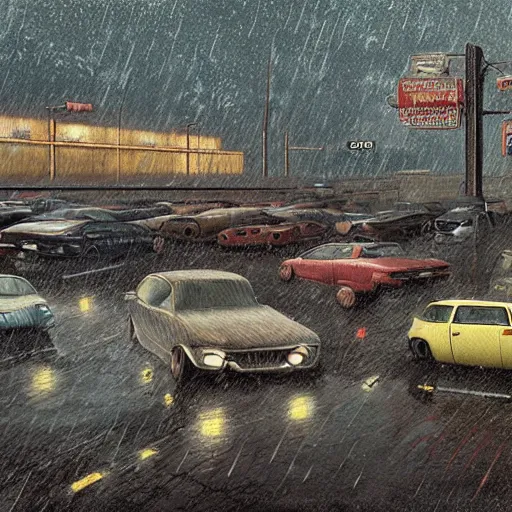 Prompt: a picture of a bunch of cars in the rain, a digital painting by scott listfield, cgsociety, sots art, apocalypse art, dystopian art, concept art