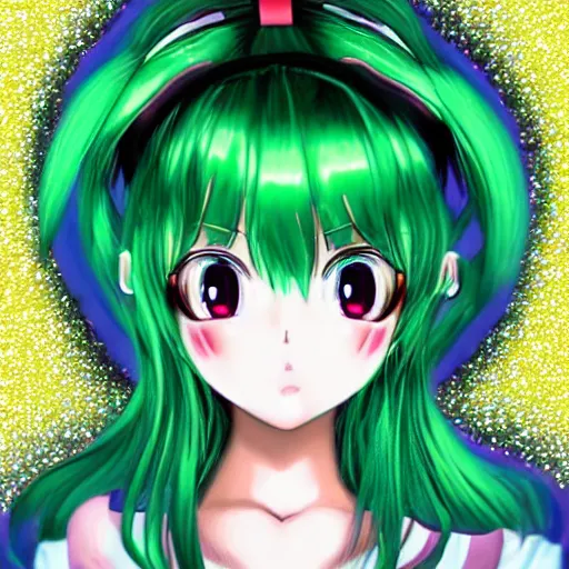 Prompt: a gorgeous cute kawaii big eye anime girl with green hair in the style of idol _ master n 6 4 graphics, portrait, shining, glitter, 3 d