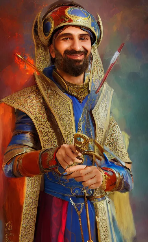 Image similar to a charming tailor of middle - eastern descent, dressed in fine colorful robes over armor, sporting a goatee, smirking, holding a magic needle, fantasy digital painting by barret frymire by artem priakhin, high resolution 4 k