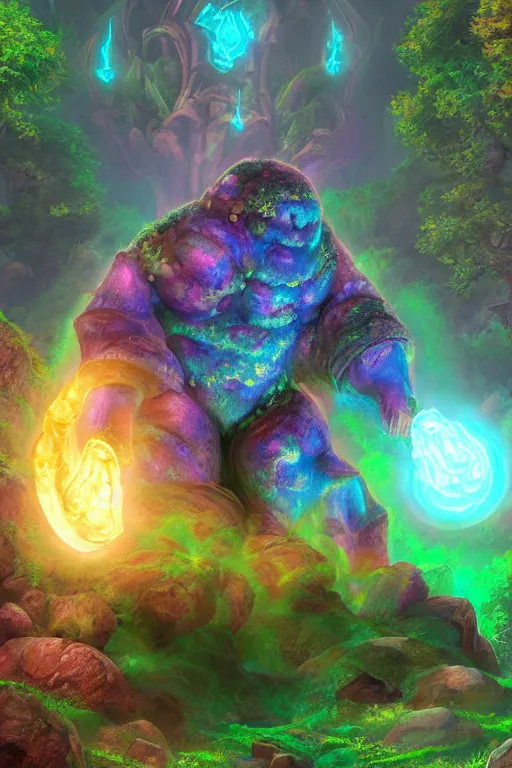 Image similar to arcane fantasy art giant golem elemental wood rock bastion forged gemstone enchanted forest troll, global illumination ray tracing hdr fanart arstation by sung choi and eric pfeiffer and gabriel garza and casper konefal lisa frank zbrush central hardmesh radiating a glowing aura