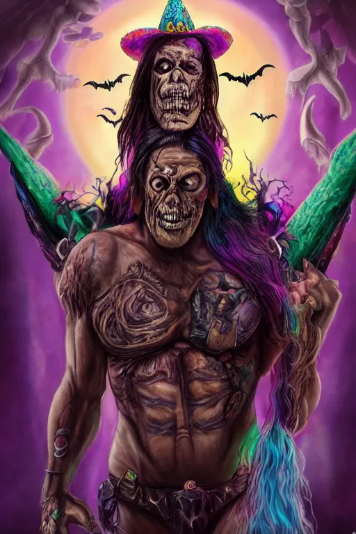 Image similar to danny trejo, full body, big two toned eyes, halloween, unicorns, intricate details, cinematic, epic, realistic, anatomy, lisa frank, uplight, artstation, photorealistic, scary