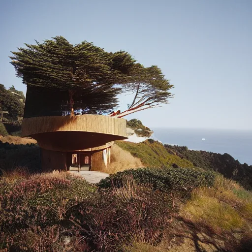 Image similar to castle designed by renzo piano overlooking big sur. landscape design by andre le notre. fujinon premista 1 9 - 4 5 mm t 2. 9. portra 8 0 0. w 1 0 8 8