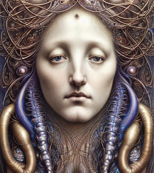 Image similar to detailed realistic beautiful anodized goddess face portrait by jean delville, gustave dore, iris van herpen and marco mazzoni, art forms of nature by ernst haeckel, art nouveau, symbolist, visionary, gothic, neo - gothic, pre - raphaelite, fractal lace, intricate alien botanicals, biodiversity, surreality, hyperdetailed ultrasharp octane render