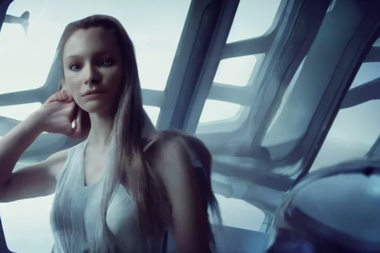 Image similar to VFX movie of a futuristic space woman model gorgeous portrait in inhuman future spaceship, beautiful natural skin natural lighting by Emmanuel Lubezki