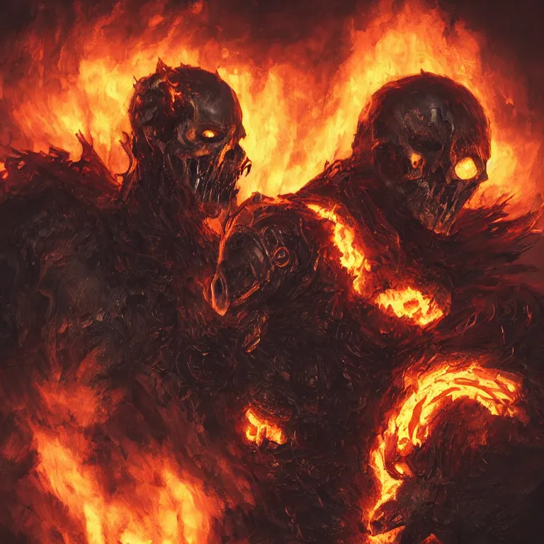 Prompt: Ghost Rider, flaming grim reaper, the pits of hell, headshot photo, character concept, dark souls concept art, Feng Zhu concept art, dramatic lighting, highly stylized, trending on artstation, high-quality wallpaper, desktopography