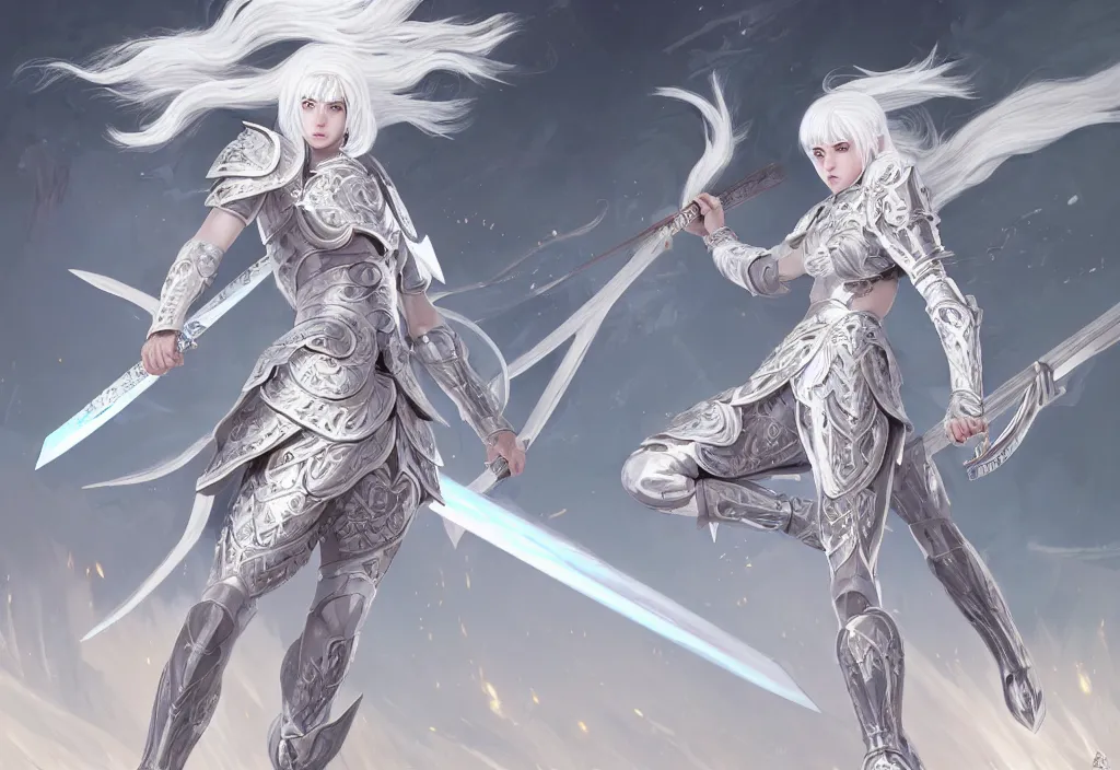 Image similar to white hair knights of zodiac girl matt white ice color armor, dueling, kickboxing, battle stance, wielding sci - fi melee weapons in ruined agora of athens sunrise, intricate and elegant, highly detailed, digital painting, artstation, concept art, smooth and sharp focus, illustration, art by tian zi and wlop and alphonse mucha