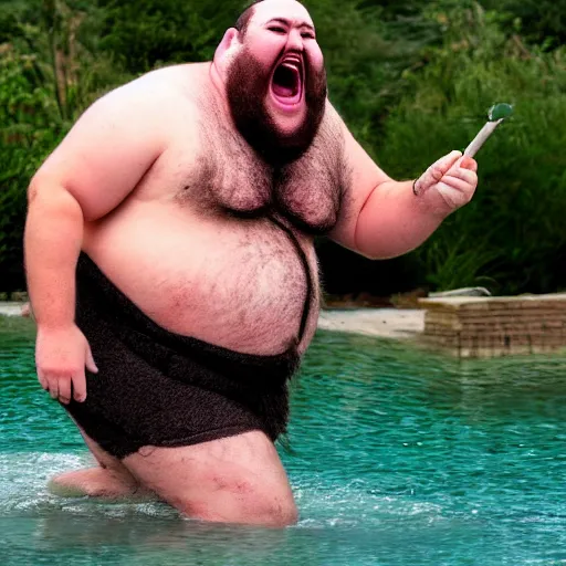 Image similar to a leaked photo of a screaming, hairy, fat man wearing a swimsuit holding the worlds largest toad