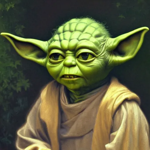 Image similar to Painting of Yoda. Art by william adolphe bouguereau. During golden hour. Extremely detailed. Beautiful. 4K. Award winning.