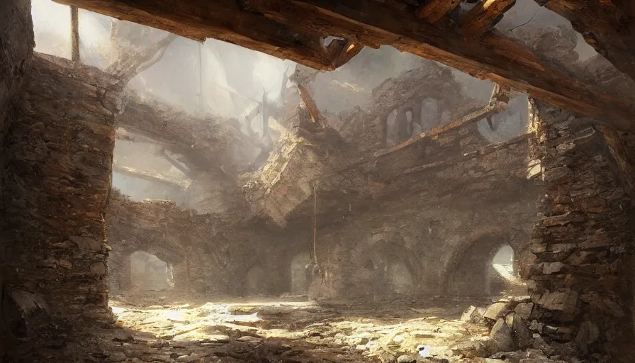 Image similar to a beautiful painting of of an old abandoned 1 8 0 0's century gold mineshaft with exposed beams by greg rutkowski and kalin popov, trending on artstation, masterpiece,