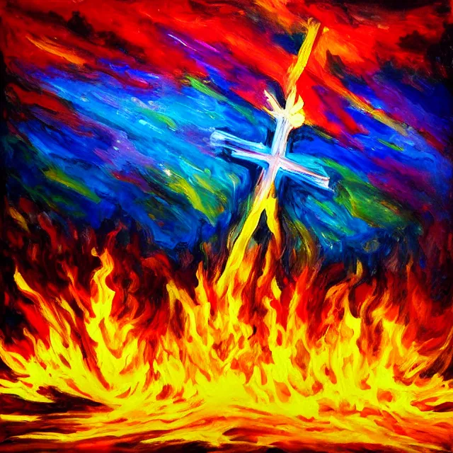 Image similar to cross fire burning in flames, rainbow colors, oil painting, bold strokes