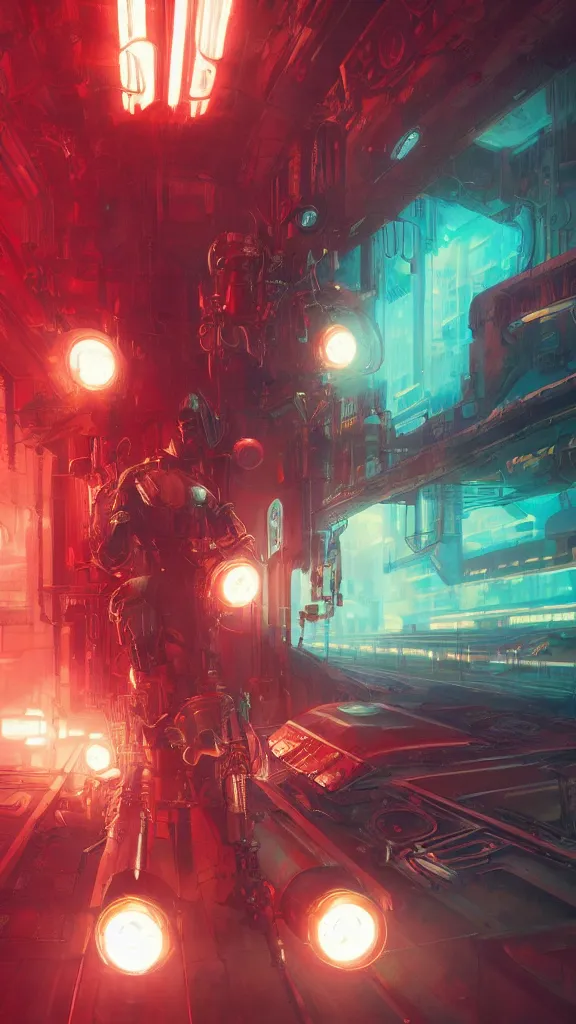 Image similar to concept art, retro - futurist steampunk pilot, imperious, octane render, artstation, dramatic neon lighting, glowing imperial motifs, red turquoise accents, bladerunner, by gerald brom, james jean, syd mead, akihiko yoshida, cinematic