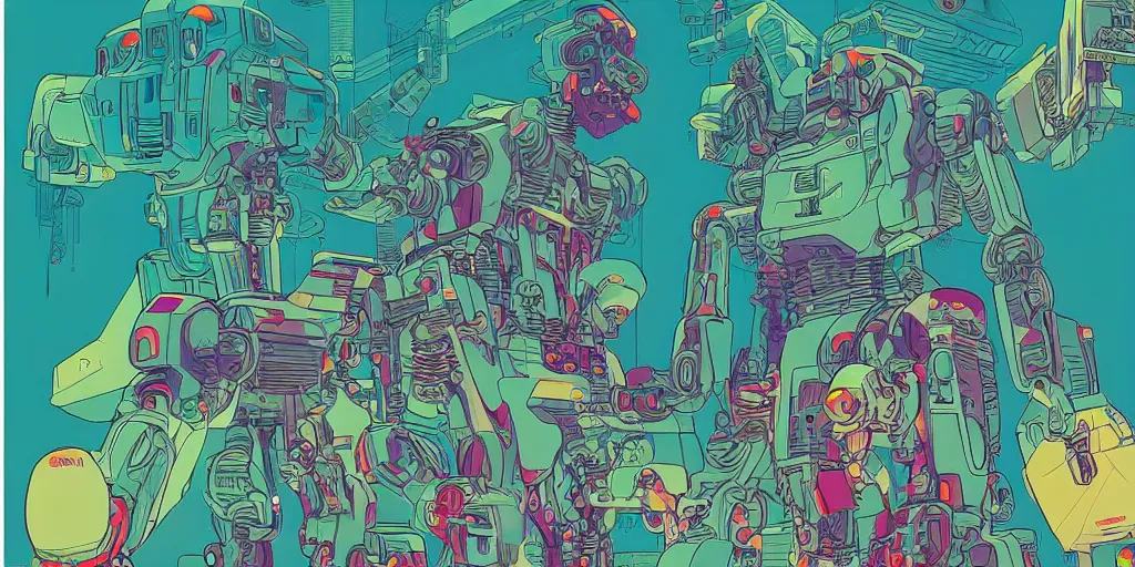 Image similar to gigantic robotic drones with lasers with human faces catch tiny robots, a lot of exotic plants around, human heads everywhere, risograph by satoshi kon and moebius, no text!, colorful flat surreal design, super - detailed, a lot of tiny details, fullshot