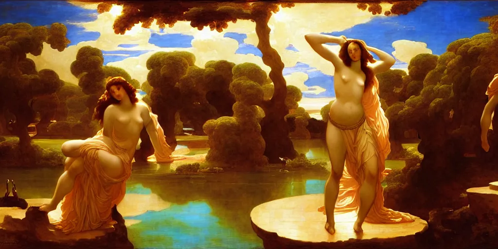 Image similar to an oasis in the middle of the desert, by Frederic Leighton and Daniel Maclise and Rolf Armstrong and Evelyn De Morgan and Bastien Lecouffe-Deharme, dutch golden age, dramatic lighting, high contrast colors, baroque, empyrean, panoramic view, cgsociety, highly detailed, doom engine,