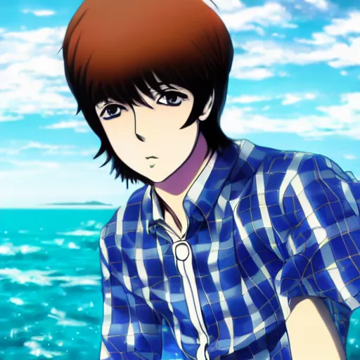 Prompt: anime illustration of young Paul McCartney from the Beatles, wearing a blue and white check shirt and watch, relaxing on a yacht at sea, ufotable