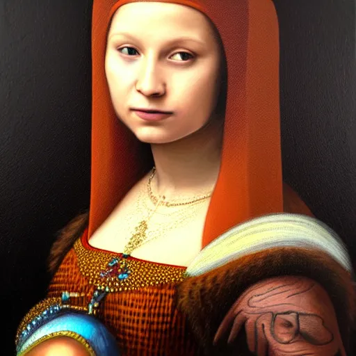 Image similar to ultra realistic portrait painting of female DJane MissK8, painted by Da Vinci