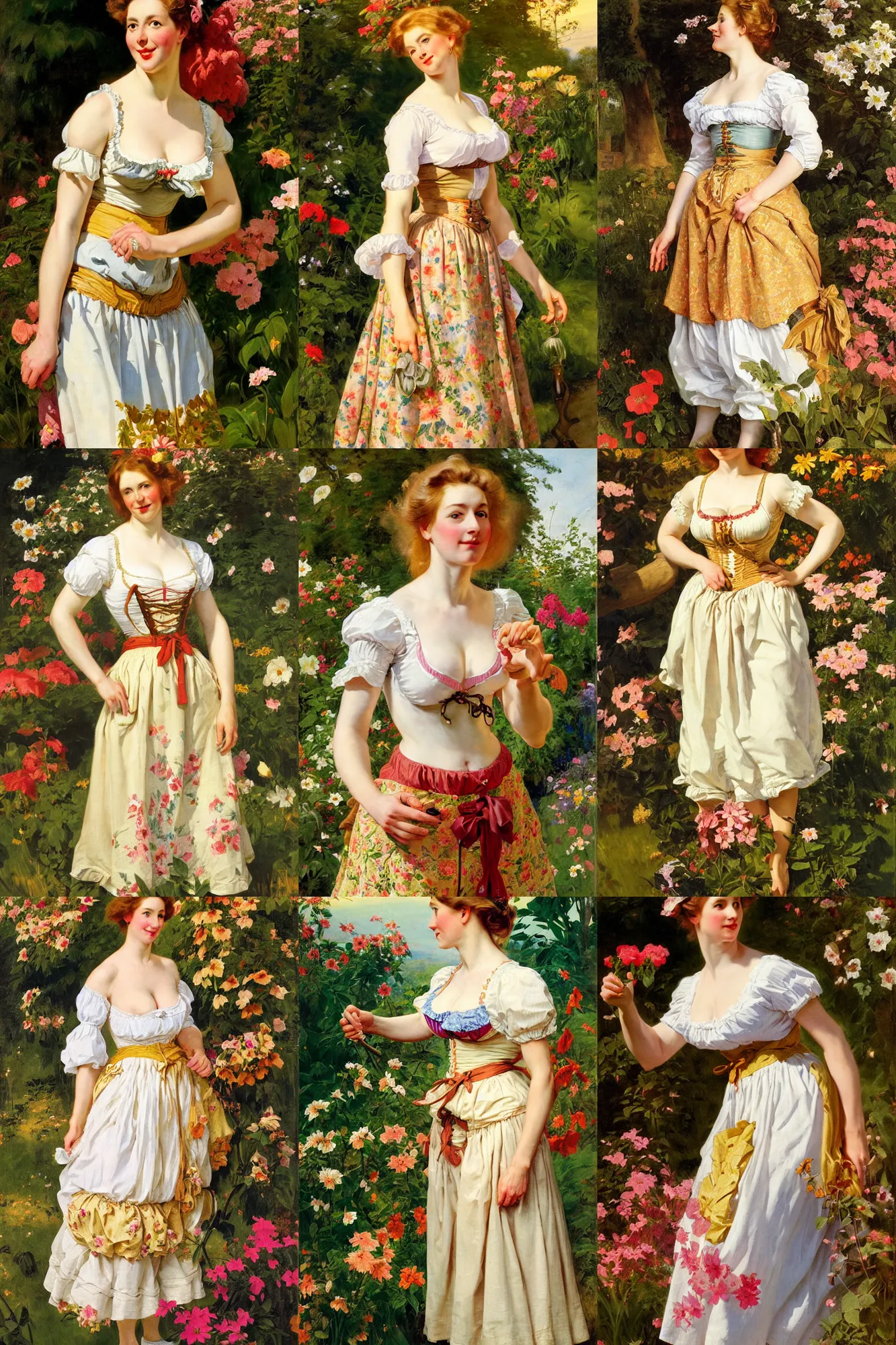 Prompt: gillian king wearing a skimpy lowcut dirndl in a flowery garden, golden hour, artstation, by j. c. leyendecker and peter paul rubens,