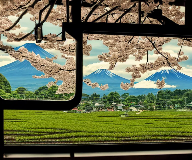 Image similar to a photo of mount fuji, japanese ladscapes, rice paddies, sakura trees, seen from a window of a train. cinematic lighting.