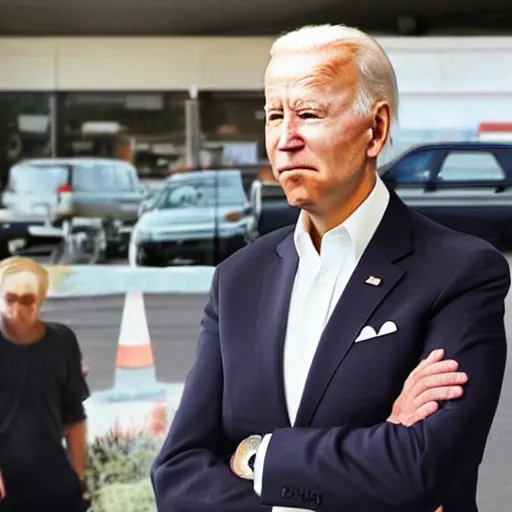 Image similar to joe biden is lost and standing in a 7 - 1 1 parking lot at 2 am looking confused