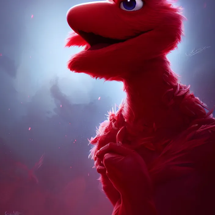 Prompt: elmo by charlie bowater and anna dittmann and artgerm and clemens ascher, intricate, elegant, red mist, highly detailed, dramatic lighting, sharp focus, octane render, trending on artstation, artstationhd, artstationhq, unreal engine, 4 k, 8 k