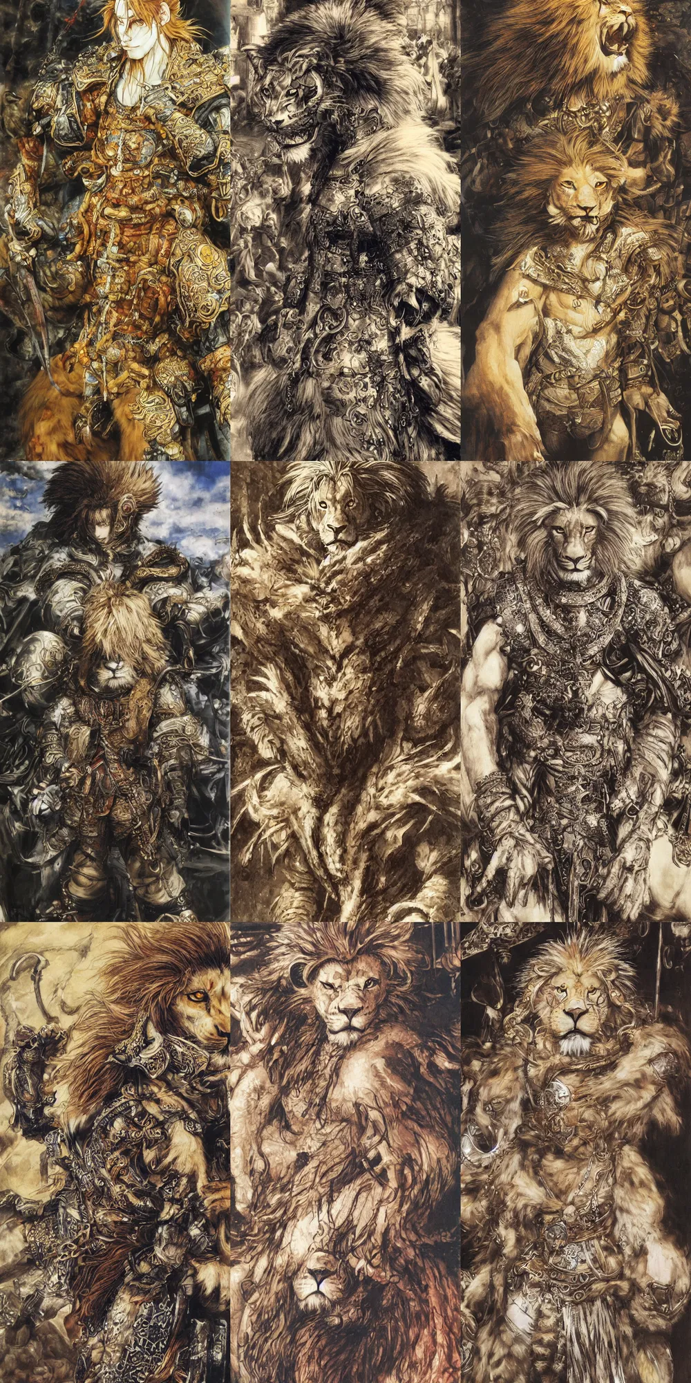 Image similar to 8 k yoshitaka amano painting of upper body of a young cool looking lion beastman with white mane at a medieval market at windy day. depth of field. he is wearing complex fantasy clothing. he has huge paws. renaissance style lighting.