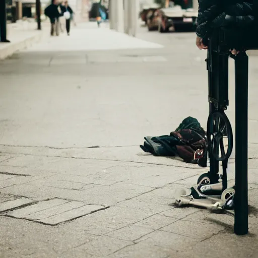 Image similar to photo of teenage ryan gosling sitting on a bench in a alley, wearing jacket, two crutches near bench, fullbody, street of moscow, shallow depth of field, cinematic, 8 0 mm, f 1. 8