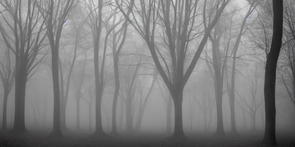 Image similar to dark creepy trees arching grayscale fog