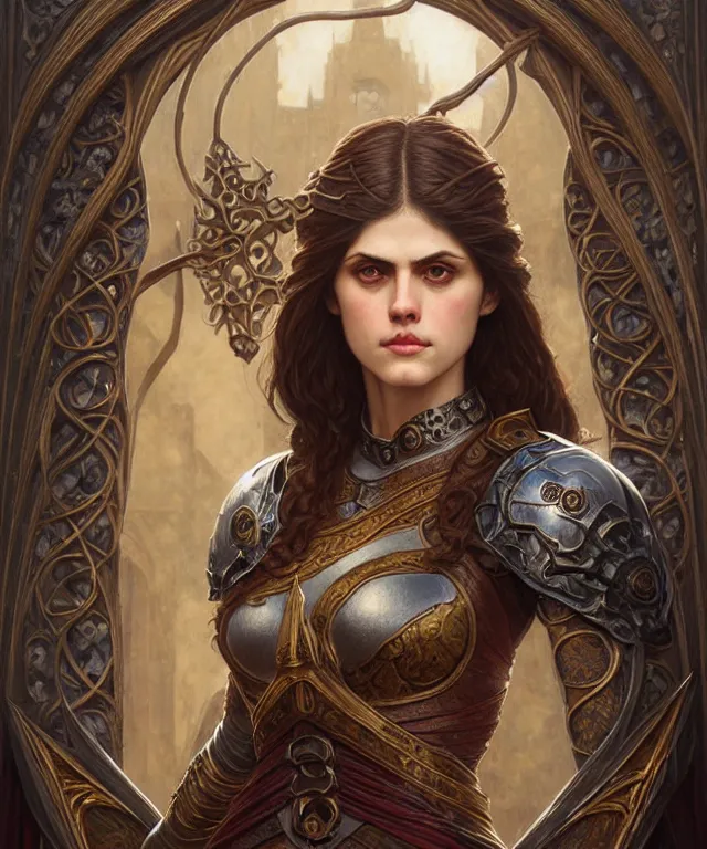 Prompt: Alexandra Daddario Muscular and powerful medieval knight portrait, art nouveau, fantasy, intricate flower designs, elegant, highly detailed, sharp focus, art by Artgerm and Greg Rutkowski