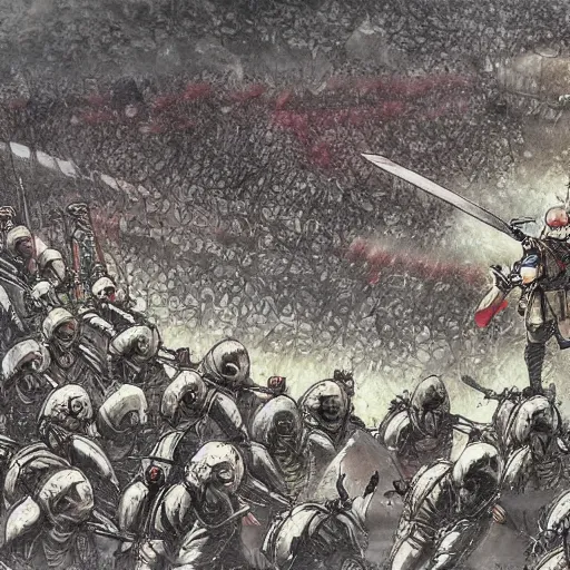 Image similar to one hero with sword looking at army of swordsmen in the background, in the middle of an arena, crowd of people, pencil art, straight, clear, added detail, high definiton, colored, aerial view, by yoji shinkawa