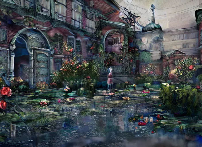 Prompt: a regular russian courtyard with puddles and an old playground between two soviet five - storey panel houses, broken toy doll with human face, a lot of dead flowers, high details, cinematic, 8 k resolution, beautiful detailed, insanely intricate details, artstation trending, octane render, unreal engine