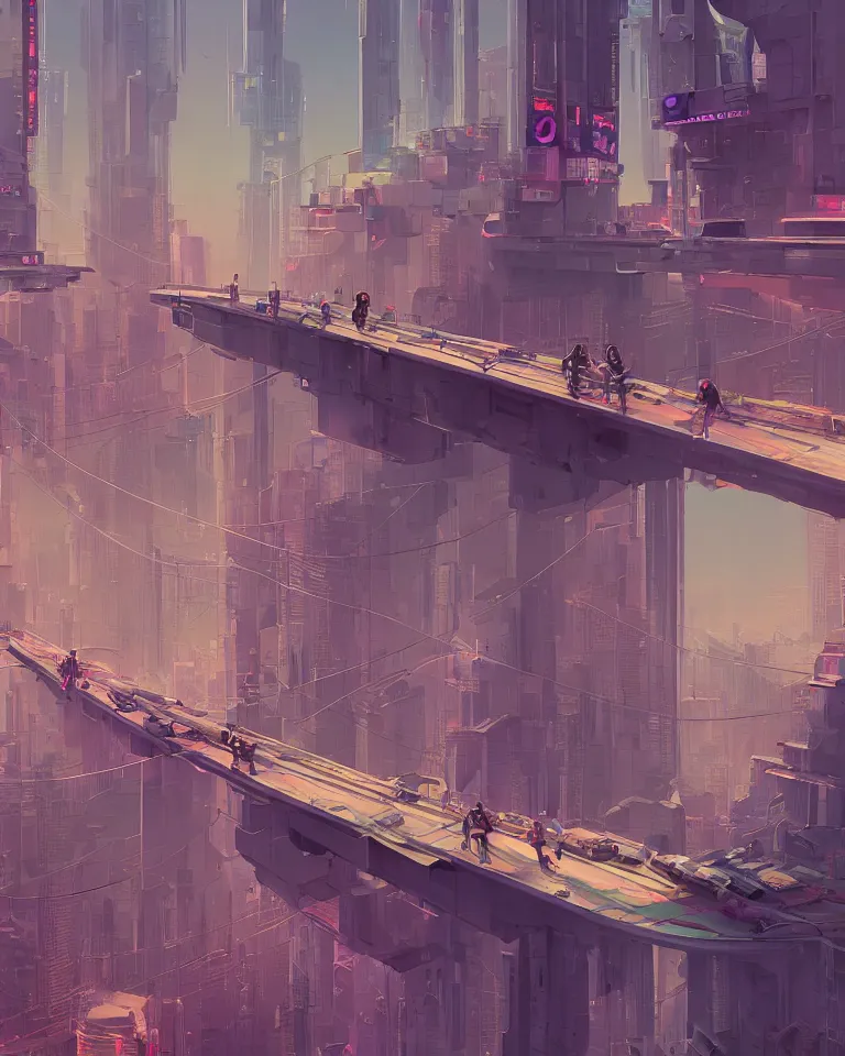 Image similar to a curly - haired persian guy standing on top of a bridge over a city, cyberpunk art by james gilleard, cgsociety, retrofuturism, synthwave, cityscape