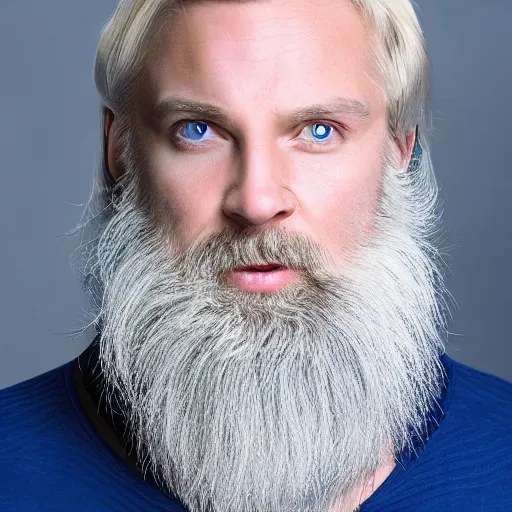 Prompt: photograph of a blond male, middle aged balding superhero, with dark blue eyes, very pale skin and a blond full beard