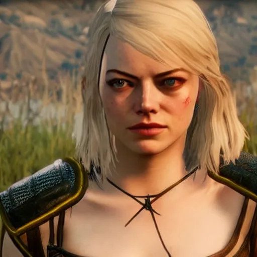 Prompt: Emma Stone in The Witcher 3 video game