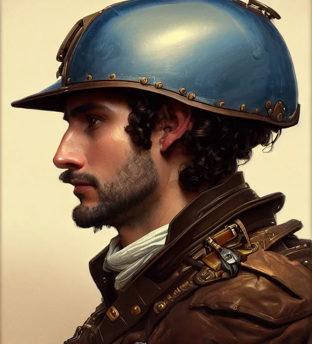 Image similar to portrait of a man with brown curly hair and deep brown eyes wearing a blue traditional 1 9 th century military jacket, metal shoulder pauldrons, intricate, highly detailed, digital painting, artstation, concept art, sharp focus, cinematic lighting, illustration, art by artgerm and greg rutkowski, alphonse mucha, cgsociety