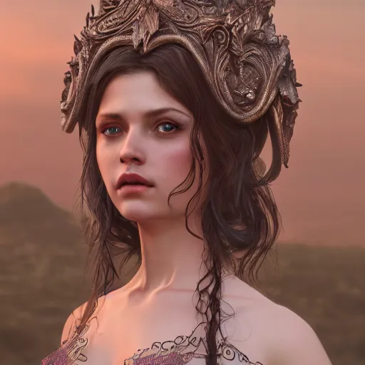 Prompt: a beautiful goddess dreamy eyes, lusty full body, ornated, intricate fabric gown, portrait 3 d figurine, octane render, 8 k, artstation, unreal engine, art nouveau, cinematic setting, hd, realistic fantasy background