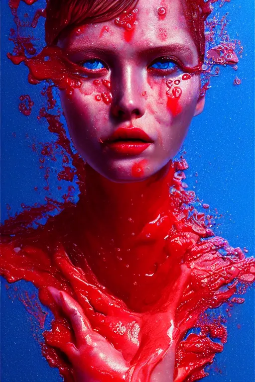 Prompt: 3 d, close - up, boiling liquid gold and red water, frown fashion model, plastic, vogue style, poster art, high detail, intricate oil painting, multiple exposure, deep blue mood, hyperrealism, 3 d, by tooth wu and wlop and beeple and greg rutkowski