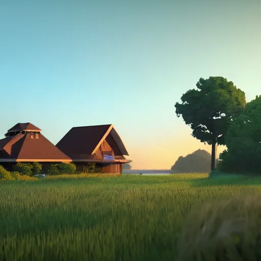 Image similar to a serene landscape with a singular building near a lake at sunrise ， pixar style ， ghibli studio anime style ， 8 k hdr ， octane render ， unreal engine ， - w 1 0 2 4