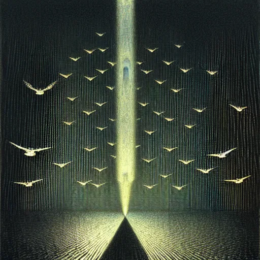 Image similar to hundreds flying birds, shining light, by beksinski, shining light, strong perspective, clear geometry, architecture, Award winning. Masterpiece, detailed illustration