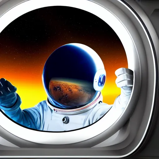 Image similar to spaceman looking out of a spaceship window, watching two planets explode in the distance