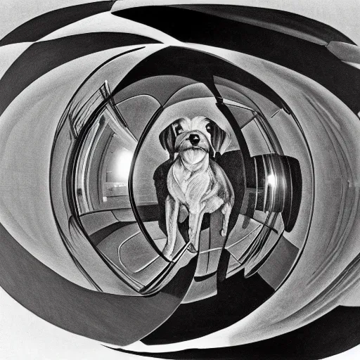 Image similar to self portrait of a havanese dog reflecting into a chrome sphere, 1 9 5 0 s, pen on paper, by mc escher