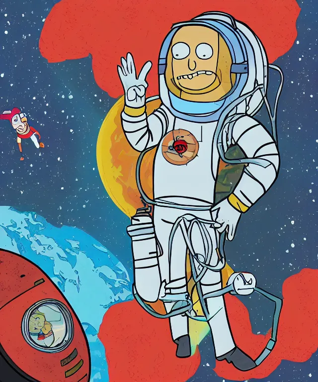 Prompt: portrait of yuri gagarin as rick from rick and morty, spacesuit with helmet, flag of ussr in his, vostok rocket, earth on the background, 2 d cartoon
