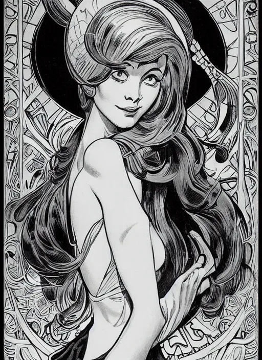 Image similar to a beautiful young woman. she is an elf. well composed, clean elegant painting, beautiful detailed face. retro comic book art by steve ditko and jack kirby and ( alphonse mucha )