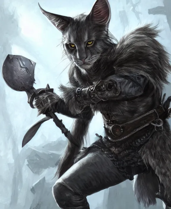 Image similar to humanoid male khajiit rogue with a scar on left eye, wearing leather armor with a hood, mainecoon cat features with jet black fur, far - mid shot, magic the gathering, fantasy