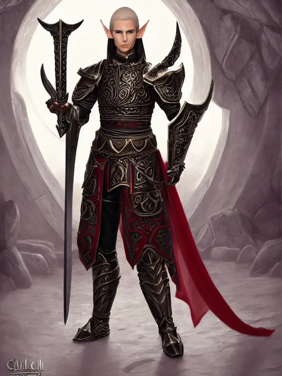 Prompt: full body portrait of a handsome male elf paladin in a temple, ornamental armor, pale skin, black hair, red eyes, holy themed, platinum, fighting stance, high fantasy, detailed face, highly detailed, sharp focus, smooth, sfumato, digital illustration, by clyde caldwell, greg rutkowski, hd, 8 k, octane