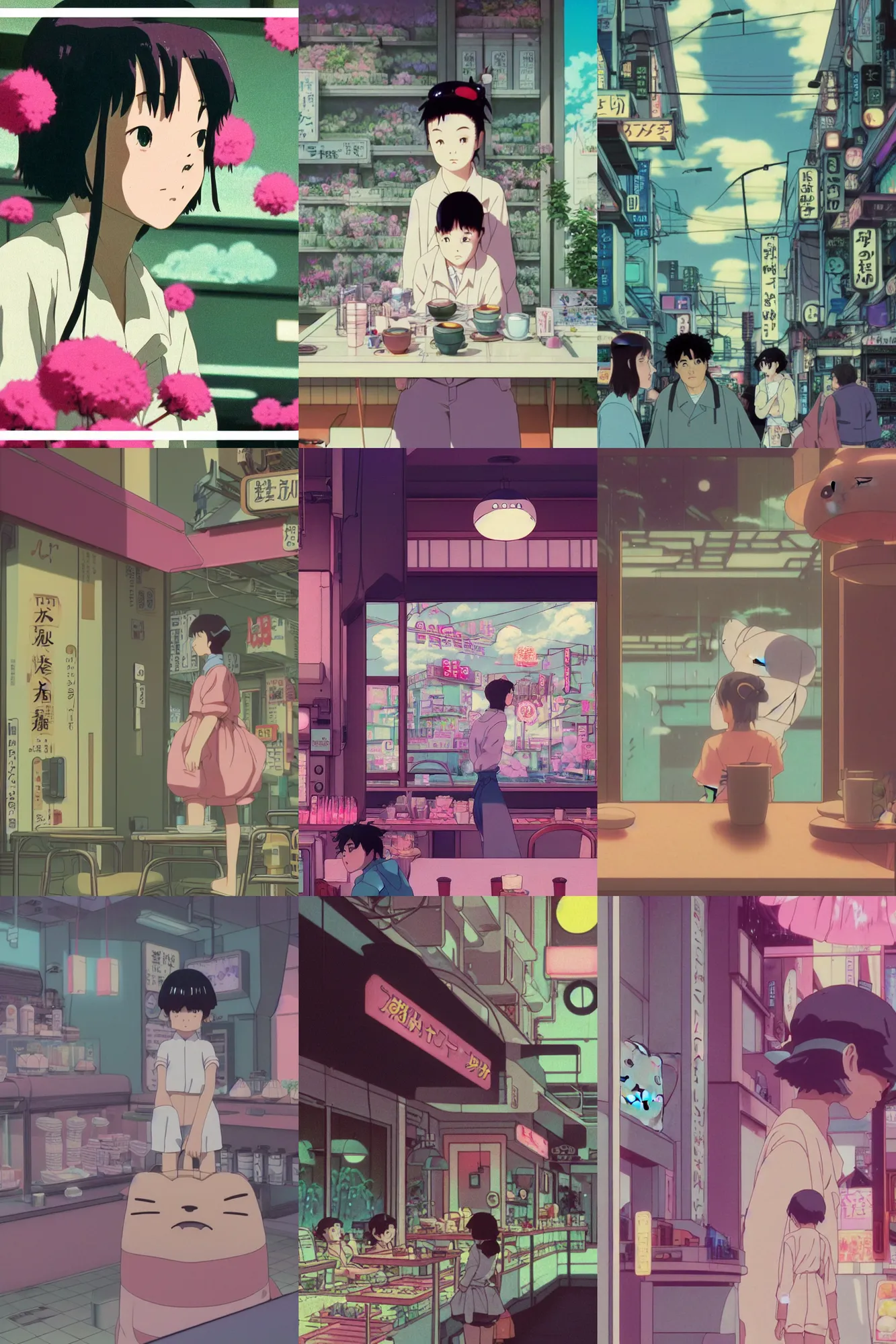 Prompt: Cinestill 50d, 8K, 35mm,J.J Abrams flare; beautiful ultra realistic vaporwave minimalistic pointé posed seinen manga Studio Ghibli Totoro at cafè(1950) film still flower shop scene, 2000s frontiers in blade runner retrofuturism fashion magazine September hyperrealism holly herndon edition, highly detailed, extreme closeup three-quarter pointé posed model portrait, tilt shift zaha hadid background, three point perspective: focus on anti-g flight suit;pointé pose;open mouth,terrified, eye contact, soft lighting