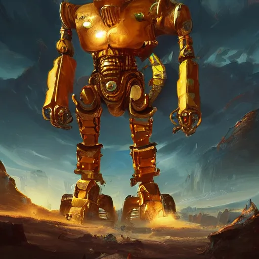 Prompt: a giant golden robot, fighting an army of skeletons, highly detailed landscape, digital painting, artstation, concept art, smooth, sharp focus ilustration, Artstation HQ