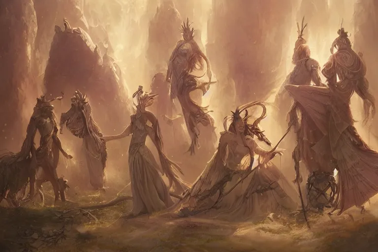 Image similar to the muses. sacred singers they who took up the strings of the deep, and turned the cacophony of an angry world into songs of unity and peace. morning lighting, cinematic fantasy painting, dungeons and dragons, jessica rossier and brian froud