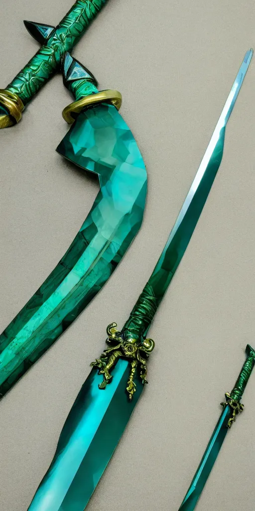 Image similar to photograph of a wide green and teal crystal sword blade attached to a big gold sword hilt